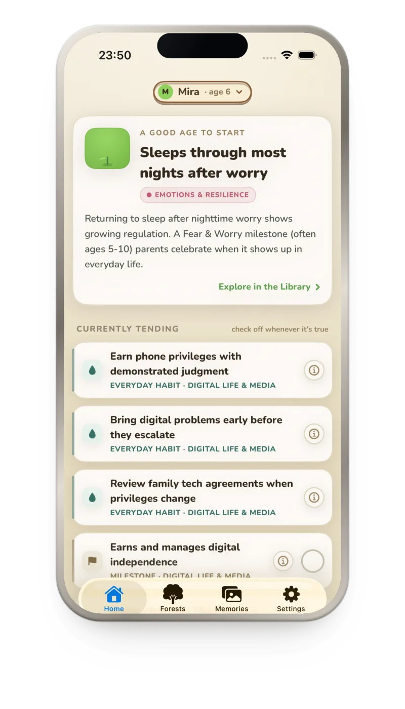 Almanac's Home screen showing one gentle suggestion — “Sleeps through most nights after worry” — and a short list of habits currently being tended.