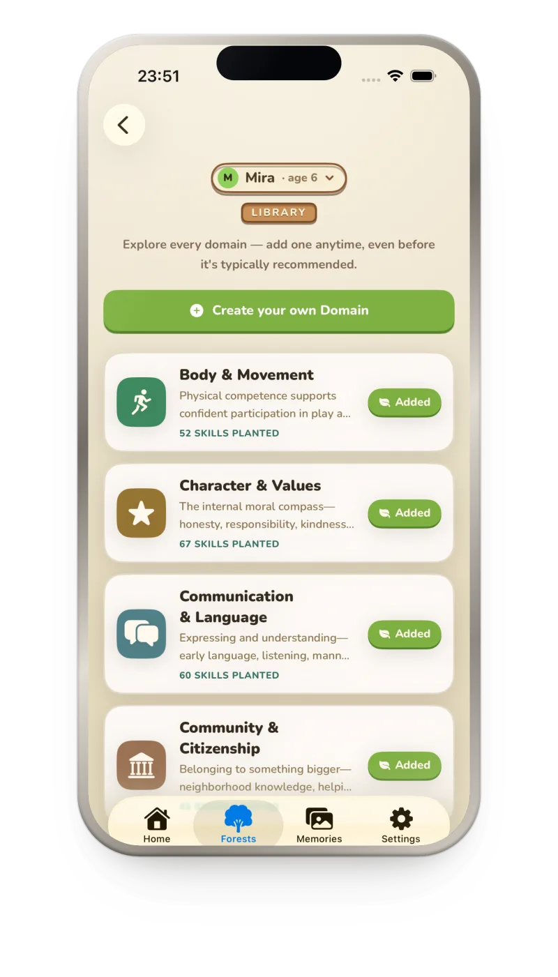 Almanac's Library screen listing growth domains such as Body and Movement, Character and Values, and Communication and Language, each with skills planted.