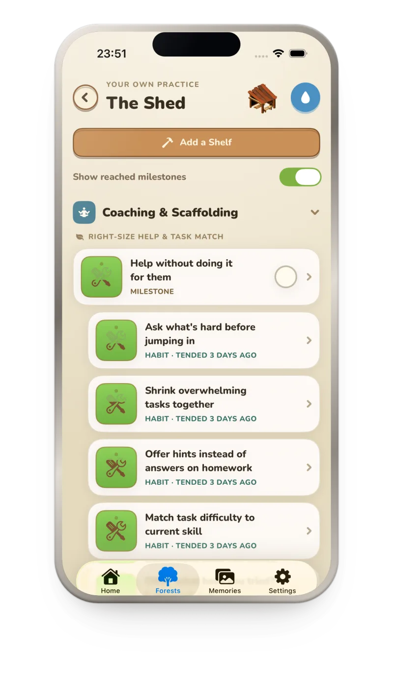 Almanac's Shed screen — the parent's own practice, with habits like “Ask what's hard before jumping in” under Coaching and Scaffolding.